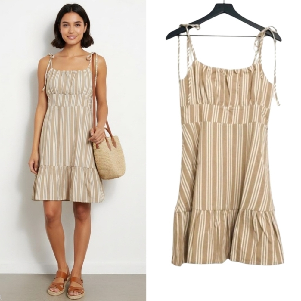 New! Speechless Bohemian Neutral Stripes Tie Spaghetti Straps Ruffled Mini Dress